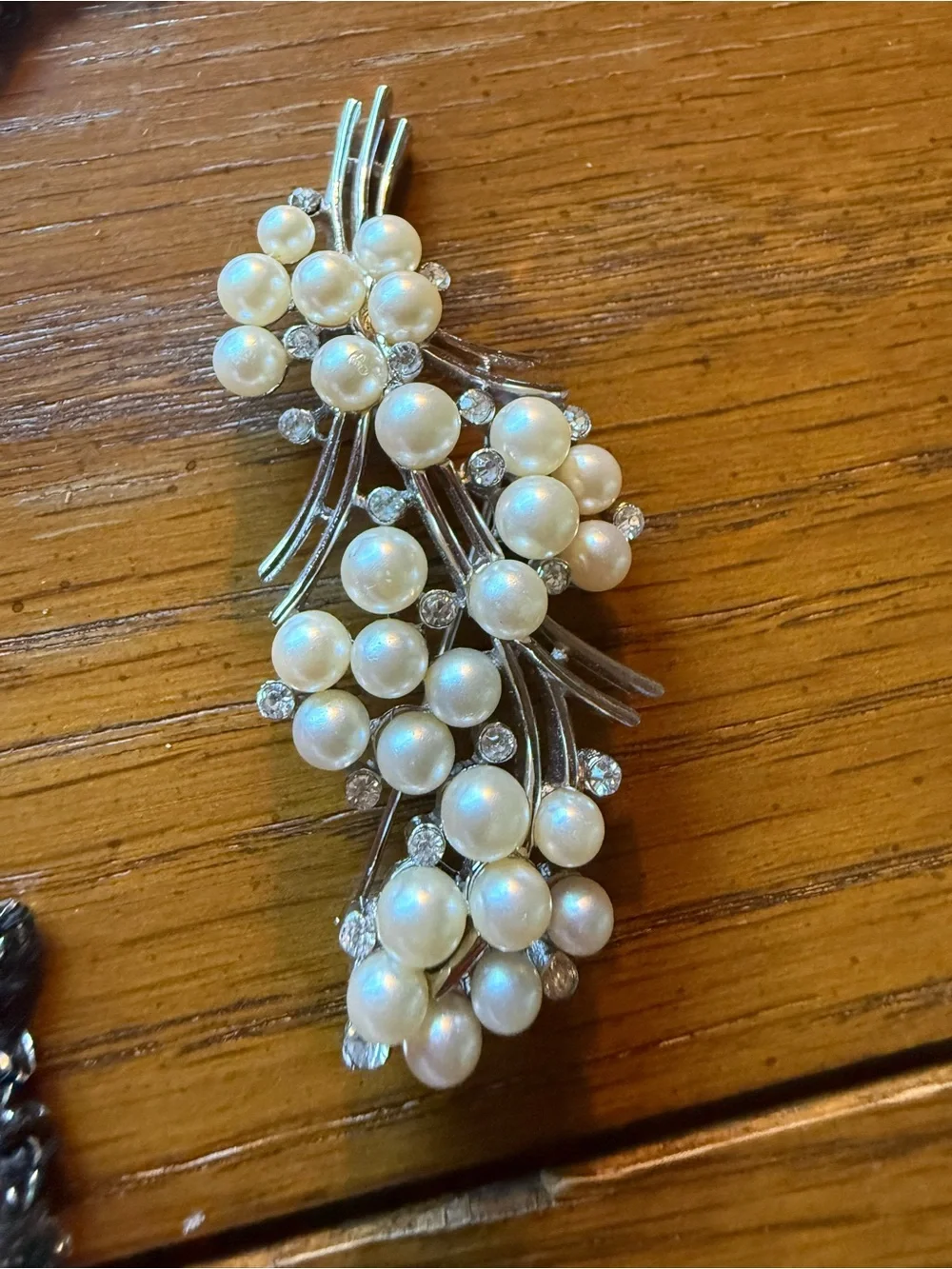 Vintage Faux Pearl Rhinestone Floral Spray Brooch Silver Tone 3”